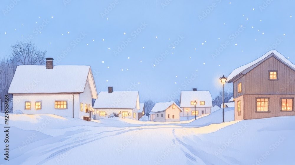 A serene winter scene featuring cozy houses blanketed in snow under a gentle snowfall, creating a peaceful atmosphere. watercolor Style A serene winter scene featuring cozy houses blanketed in snow under a gentle snowfall, creating a peaceful atmosphere. watercolor Style