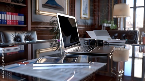 A polished glass office table with a closed laptop and a variety of printed financial documents neatly arranged. The space conveys a sense of readiness for strategic discussions.