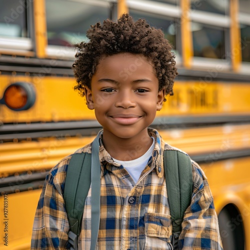 black boy on the background of a school bus