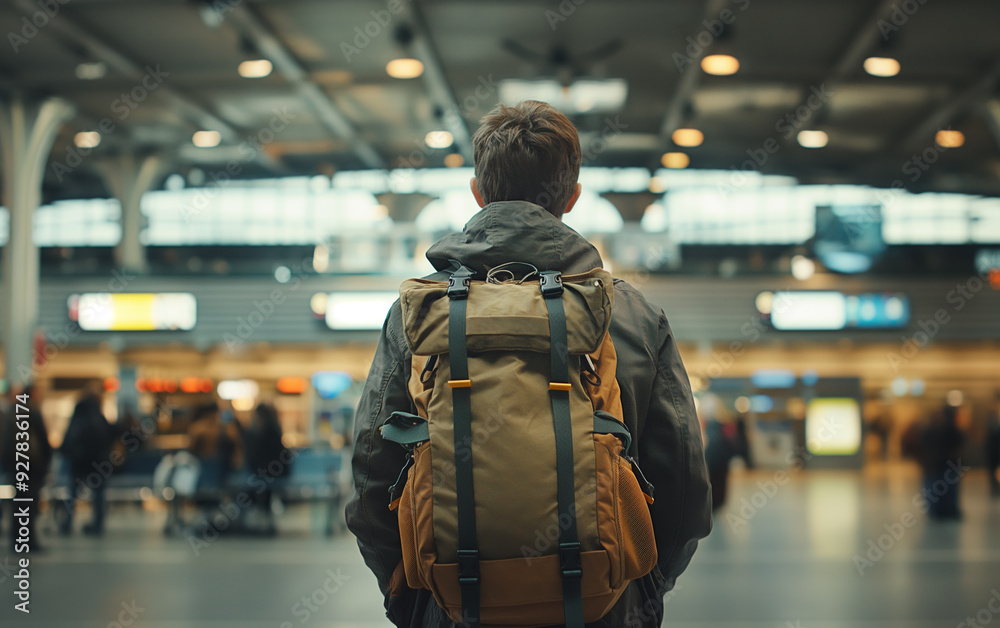 A male traveler with a backpack at the airport.
A male traveler with a backpack at the airport.
