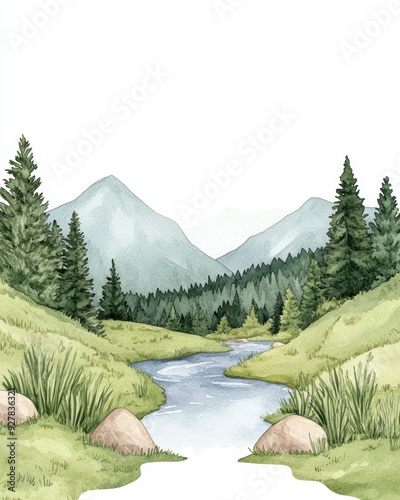 A tranquil landscape featuring a peaceful river surrounded by green hills and majestic mountains under a clear sky. watercolor Style