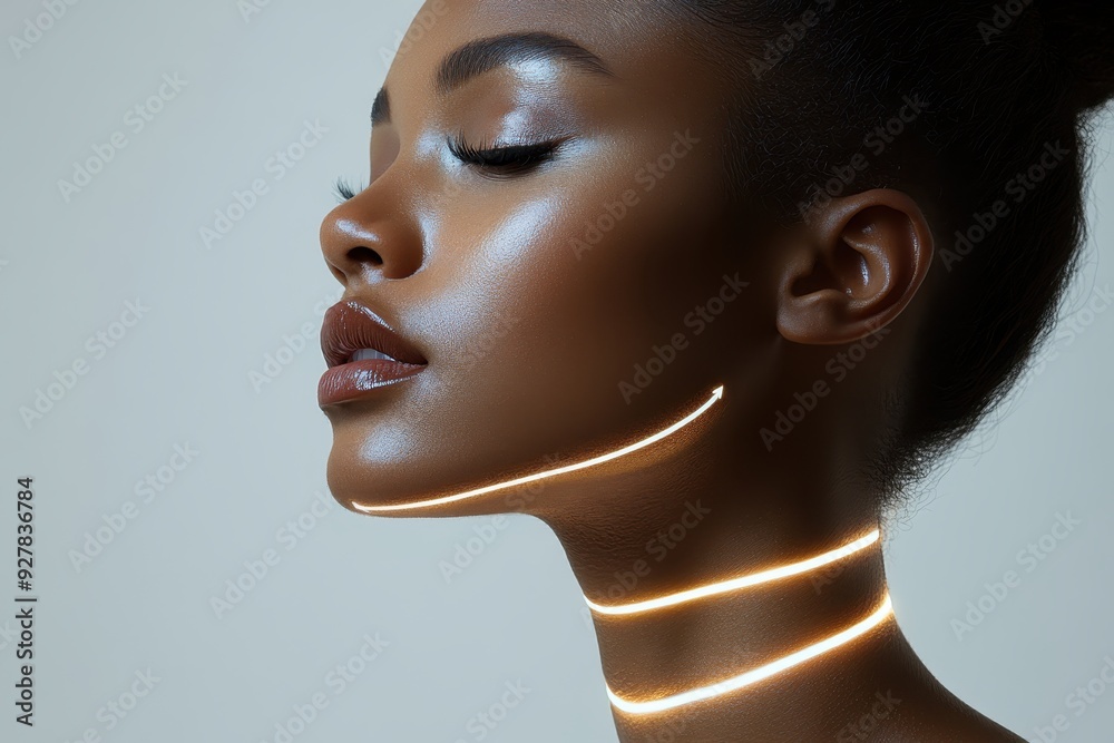 Close-Up of Beautiful Black Woman's Neck with Arrows Pointing to Chin – Beauty Concept, White Background
Close-Up of Beautiful Black Woman's Neck with Arrows Pointing to Chin – Beauty Concept, White Background