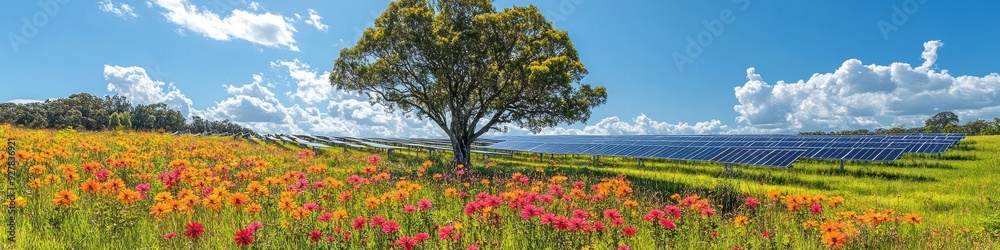 Spectacular Countryside Landscape with Vibrant Wildflowers and a Solitary Tree Under a Bright Blue Sky with Fluffy White Clouds Spectacular Countryside Landscape with Vibrant Wildflowers and a Solitary Tree Under a Bright Blue Sky with Fluffy White Clouds