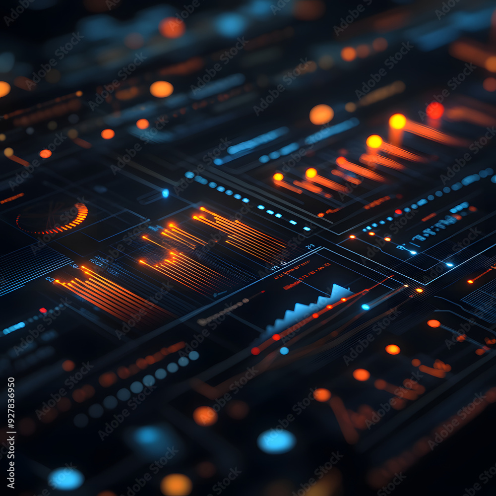 Futuristic Digital Dashboard with Glowing Data Visualizations and Graphs in a Dark Interface Futuristic Digital Dashboard with Glowing Data Visualizations and Graphs in a Dark Interface