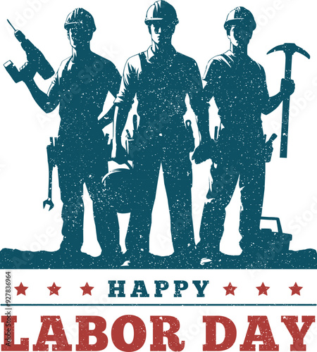 Happy Labor Day celebration with American workers! vector  Grunge silhouettes illustration poster