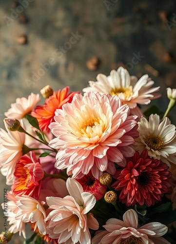A vibrant bouquet composed of colorful flowers, showcasing beauty and freshness in an elegant arrangement.






