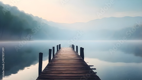 Wooden dock extending out into a calm lake with mist and snow-capped mountains in the distance, wooden pier leading to the lake with the mountain range in the backdrop, jetty on the lake, a wooden pie