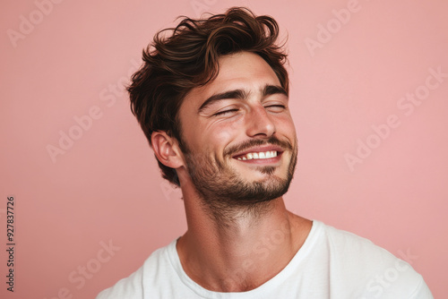 A close up of a man's face with his eyes closed