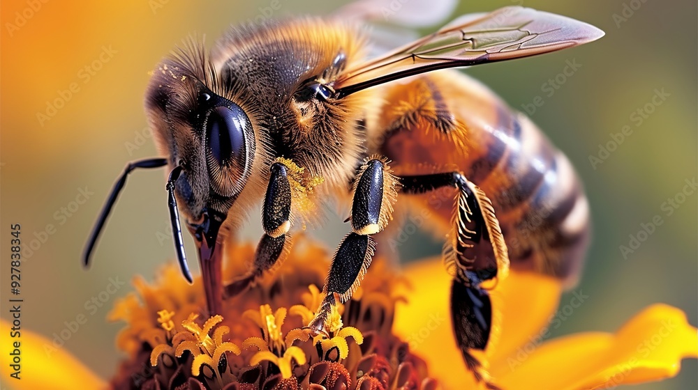 A honey bee diligently gathers nectar from the bright yellow petals of a marigold flower under clear skies A honey bee diligently gathers nectar from the bright yellow petals of a marigold flower under clear skies