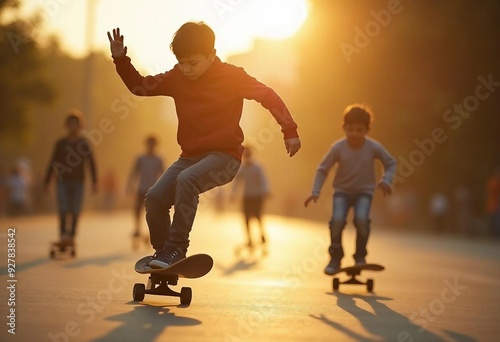 A young skater lands a trick, captured mid-impact, with blurred skaters in warm, golden light behind him.