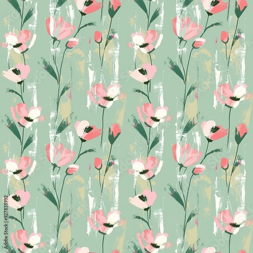 Abstract floral pattern with tulips and brush strokes, pastel green background, seamless design, vintage style, pink color palette.