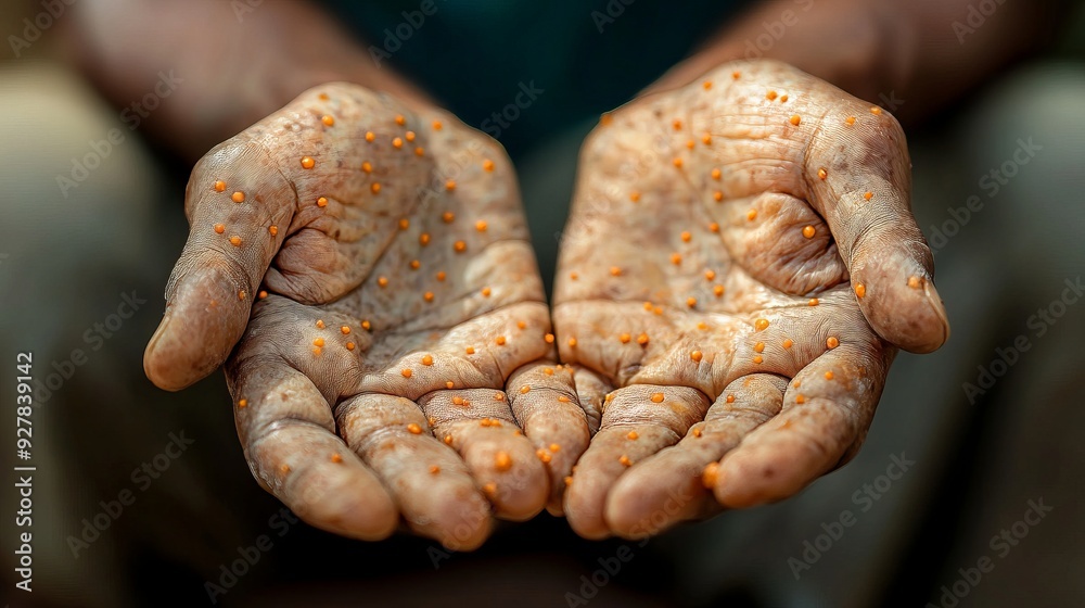 Monkey pox virus, a new world problem of modern humanity. Close-up of the hands of a sick person with pimples and blisters. Smallpox vaccine Monkey pox virus, a new world problem of modern humanity. Close-up of the hands of a sick person with pimples and blisters. Smallpox vaccine