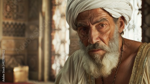 Elderly Man with White Beard in Traditional Turban in Oriental Room