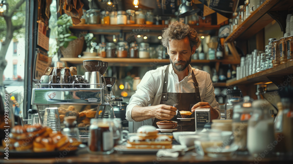 A barista creating latte art in a stylish coffee shop, showcasing craftsmanship and attention to detail A barista creating latte art in a stylish coffee shop, showcasing craftsmanship and attention to detail