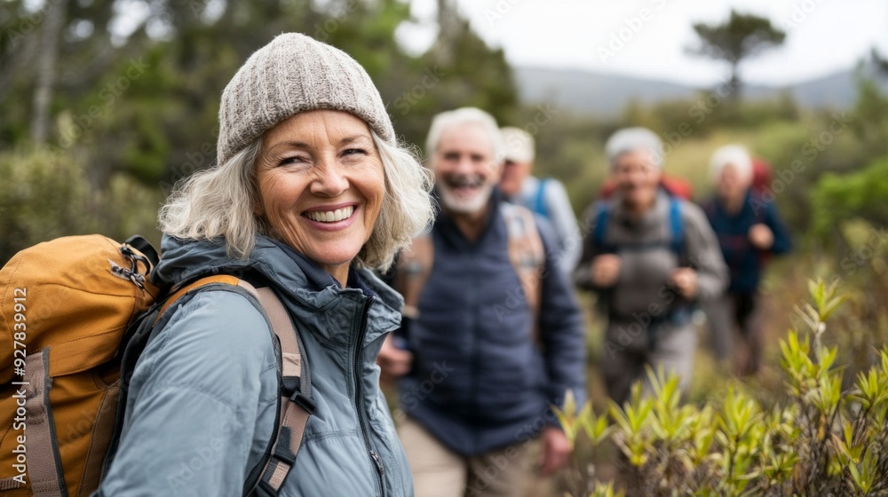 Seniors enjoying a group hike in a scenic nature reserve during the daytime Seniors enjoying a group hike in a scenic nature reserve during the daytime
