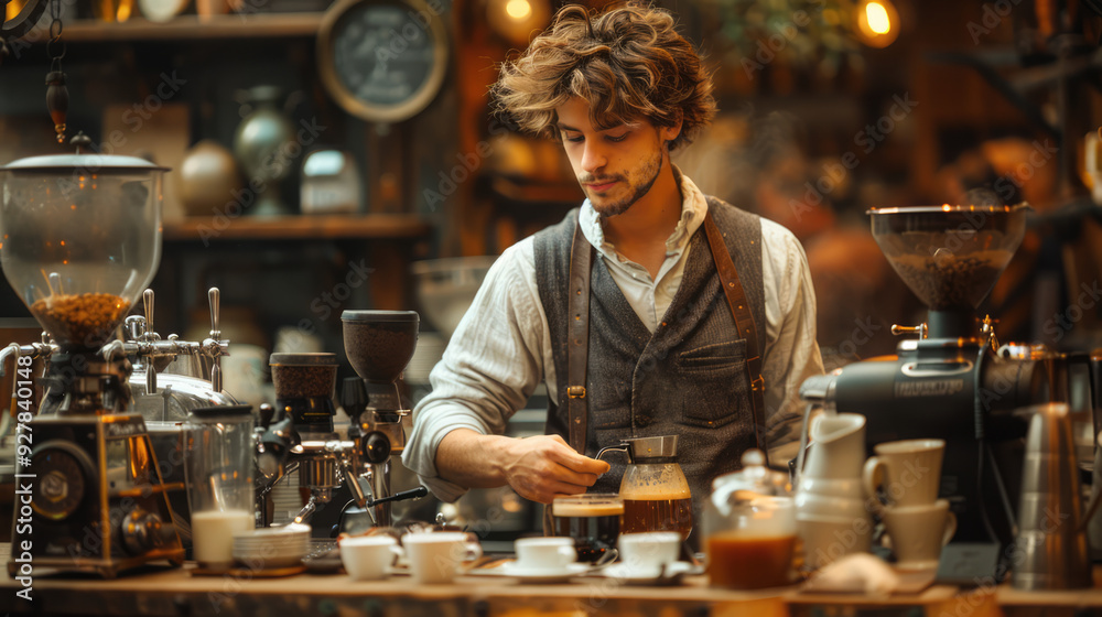A barista creating latte art in a stylish coffee shop, showcasing craftsmanship and attention to detail A barista creating latte art in a stylish coffee shop, showcasing craftsmanship and attention to detail