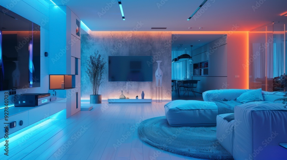 Modern living room with blue and orange lighting, white furniture, and a plant. Modern living room with blue and orange lighting, white furniture, and a plant.