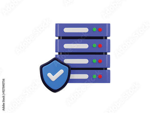 Data center with protect shield icon, server 3D icon. Server, Data, Web Hosting, cloud storage security icon 3d render