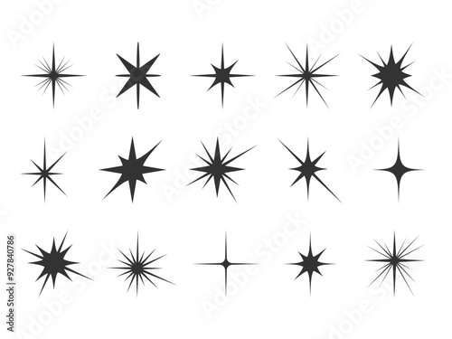 Various Black Star Spark icons collection. Set of geometric sparcle shapes. Abstract Shine glow light twinkle magic effect symbol. Holiday Element for design