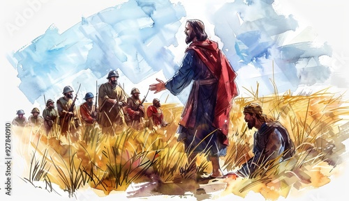 Jesus Christ Healing People Surrounded by Soldiers in an Open Field.