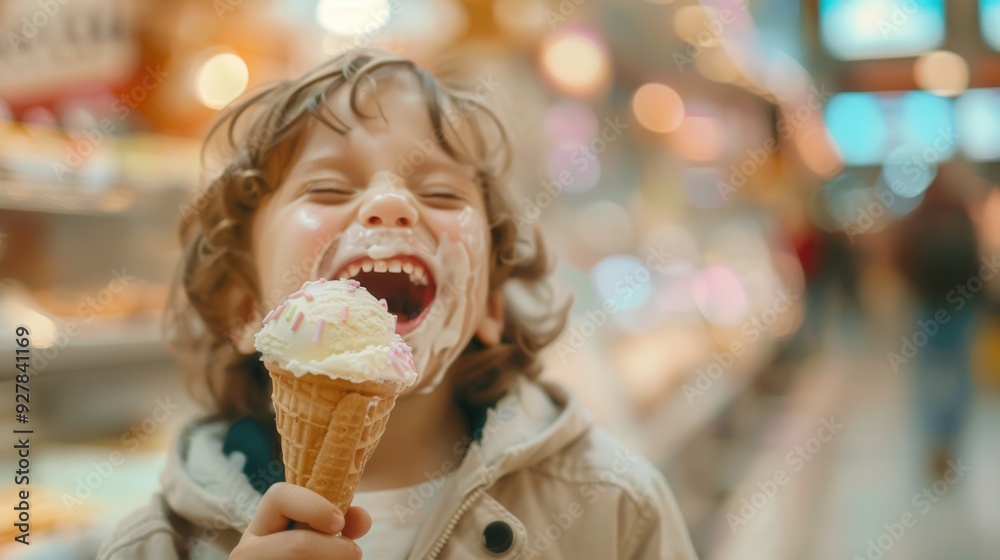 A little child holding an ice cream and eating at an ice cream store A little child holding an ice cream and eating at an ice cream store