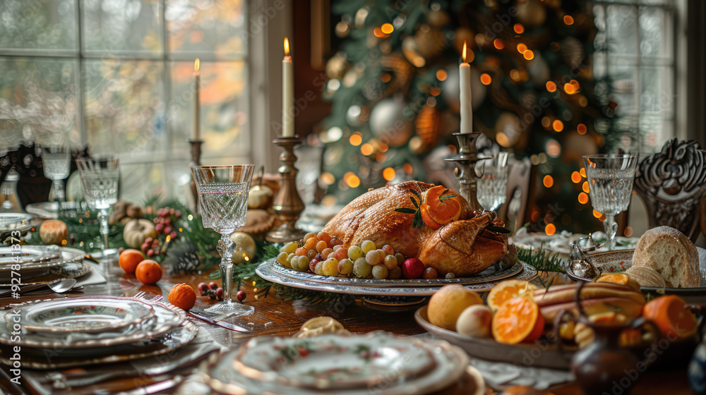 A beautifully set table for a traditional holiday meal, with family and friends gathered around A beautifully set table for a traditional holiday meal, with family and friends gathered around