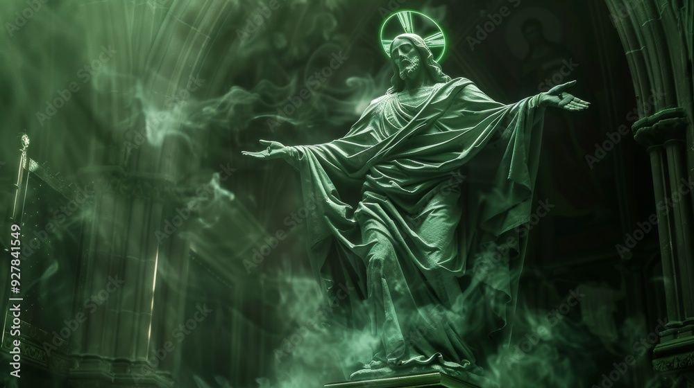 Obraz premium Hyper Realistic Jesus Christ Statue Made of Smoke in Green Hues