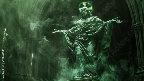 Hyper Realistic Jesus Christ Statue Made of Smoke in Green Hues