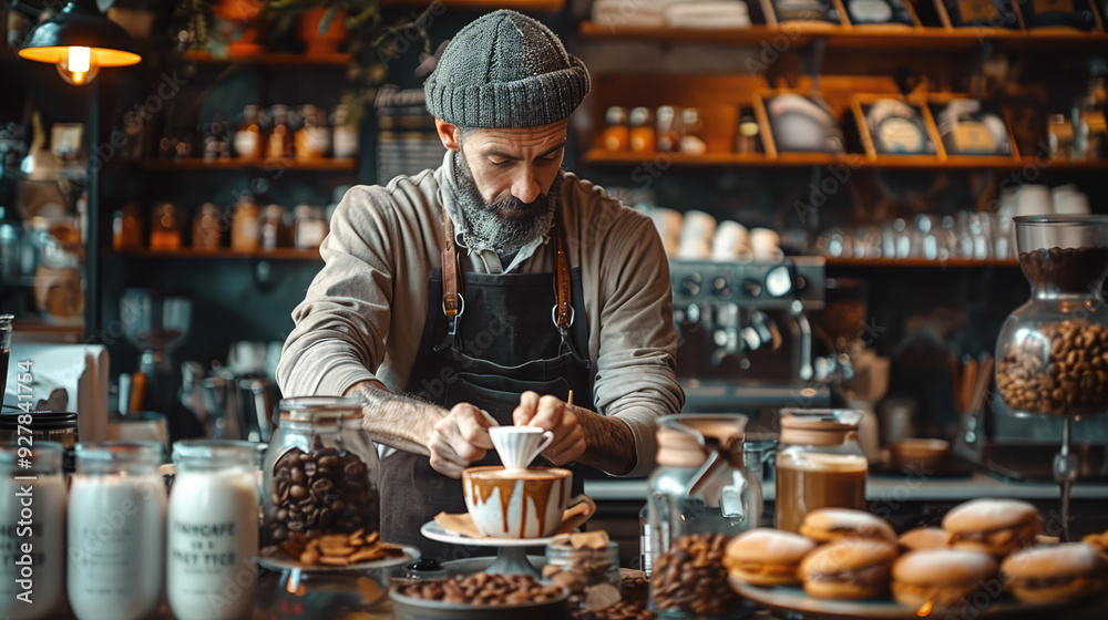 A barista creating latte art in a stylish coffee shop, showcasing craftsmanship and attention to detail A barista creating latte art in a stylish coffee shop, showcasing craftsmanship and attention to detail