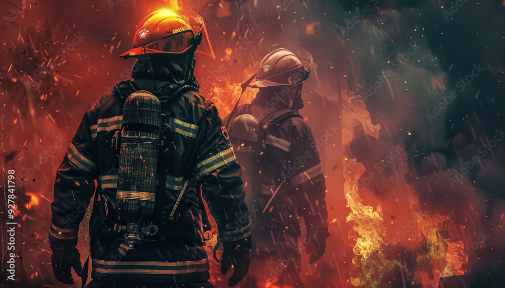 A firefighter is walking through a field of fire. The sky is orange and the fire is spreading A firefighter is walking through a field of fire. The sky is orange and the fire is spreading