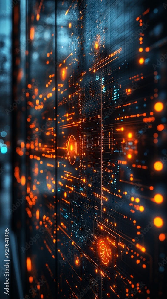 Obraz premium AI-Powered Business Analytics Display with Glowing Data Points on Dark Background