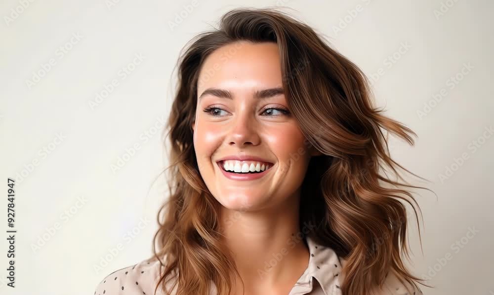 Portrait of a beautiful young woman smiling on a white background.