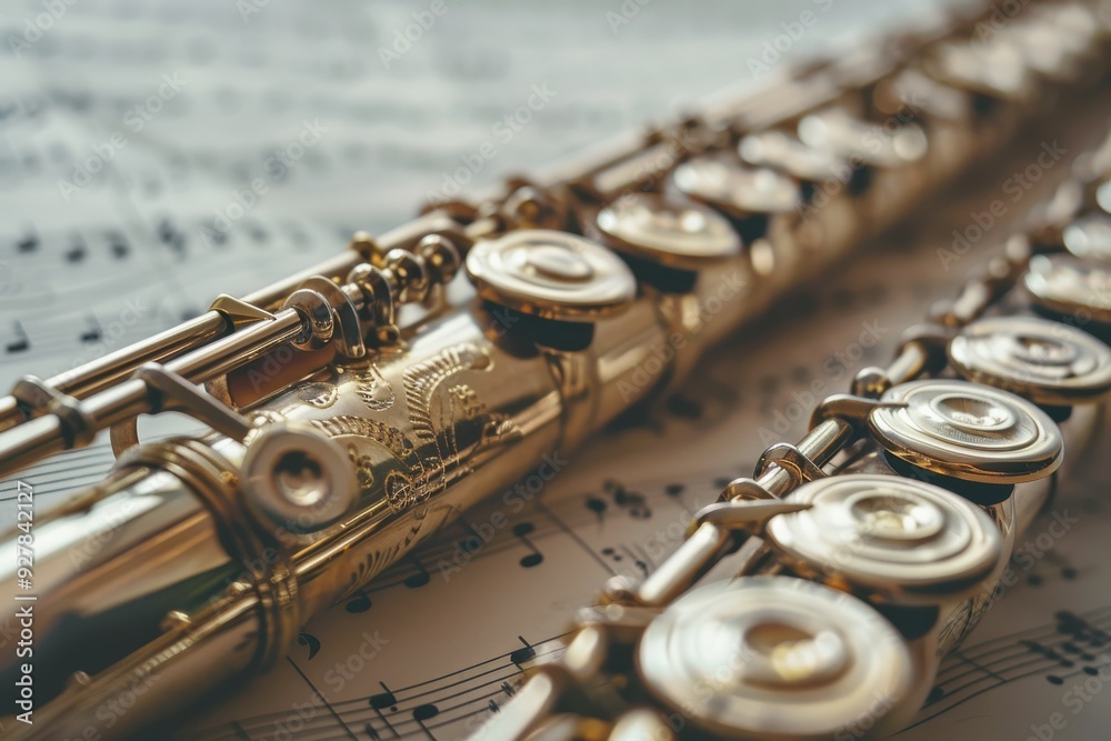 Fototapeta premium Detail of a transverse flute on sheet music