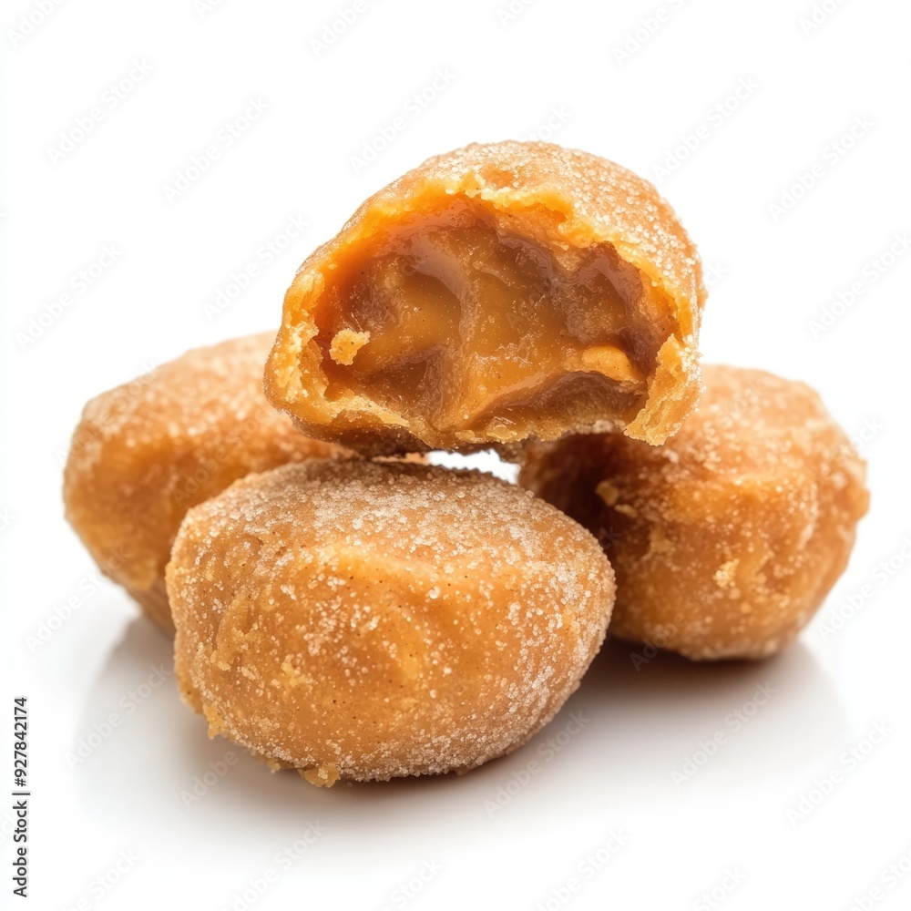 Close-up of Caramel Candies with a Bite Taken Out, Isolated on White Background Close-up of Caramel Candies with a Bite Taken Out, Isolated on White Background