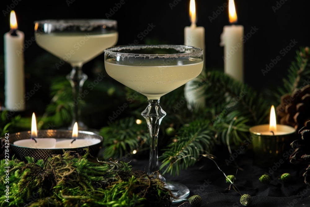 French 75 cocktail with moss and candles on black background French 75 cocktail with moss and candles on black background