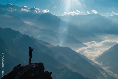Flute player shining on mountains