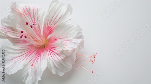 Close up of white and pink Schlumberger flower on white background with macro shot and empty space photo