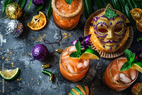 Mardi Gras King Cake Masks and Hurricanes above
