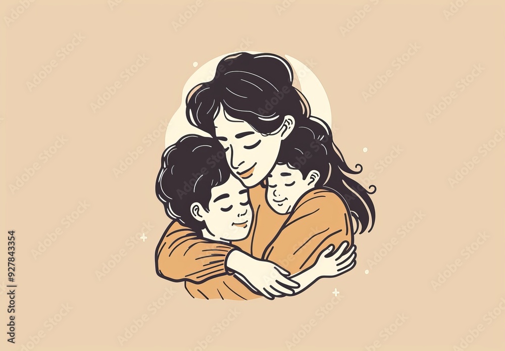Adorable Line Art Illustration of a Mother Embracing Her Children. Adorable Line Art Illustration of a Mother Embracing Her Children.