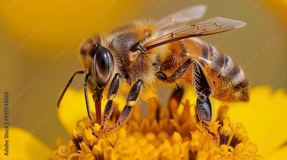 A honey bee gathers nectar from the bright yellow marigold flower, showcasing its intricate details in a sunny garden A honey bee gathers nectar from the bright yellow marigold flower, showcasing its intricate details in a sunny garden