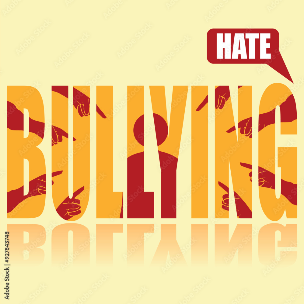 Fototapeta premium Bullying poster. Vector poster on a social theme. Word bullying on orange background with reflection.