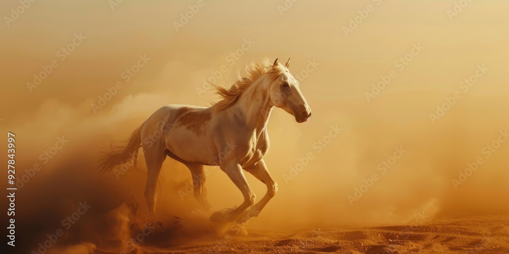 Palomino and white Arabian horse galloping in the dust of the desert