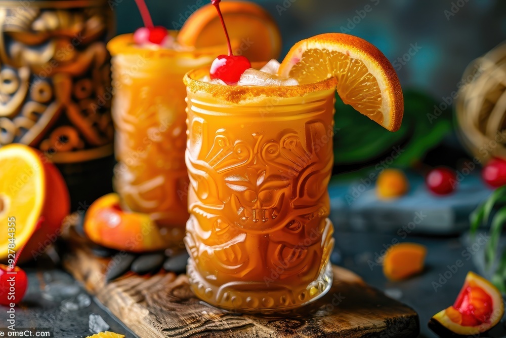 Tropical rum cocktail with orange and cherry in tiki glasses