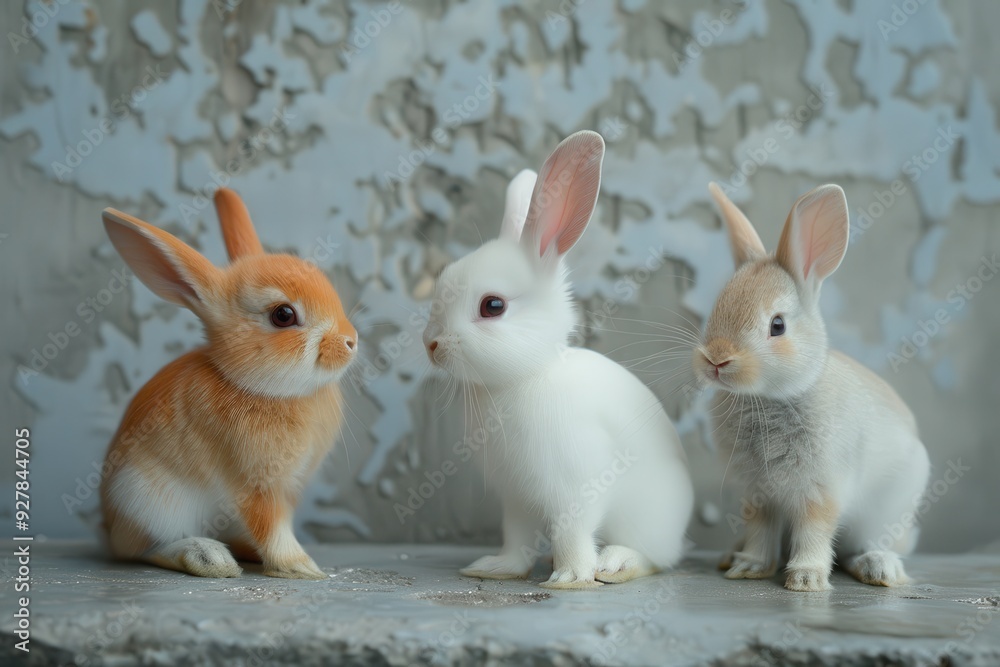 Variety of standing poses of three cute little rabbits in lovely action