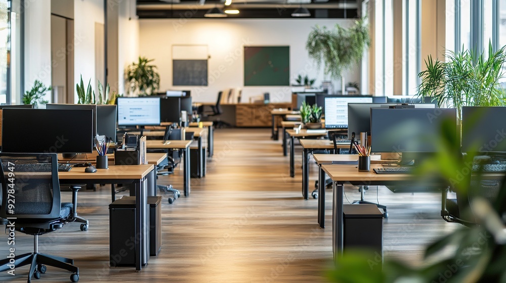An office with an open floor plan, featuring rows of desks with computers, phones, and office supplies in a modern setting An office with an open floor plan, featuring rows of desks with computers, phones, and office supplies in a modern setting