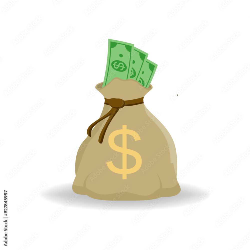Flat illustration of a money bag. Dollars . Wealth and banking icon for websites. Isolated on white