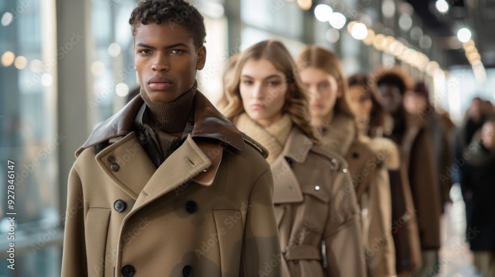 A group of young male and female models walks confidently down the runway, showcasing trendy outerwear in a stylish environment