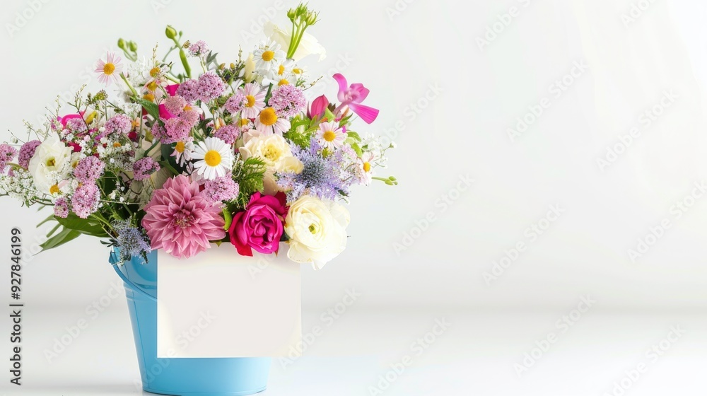 Romantic floral bouquet in blue bucket on white background with greeting card