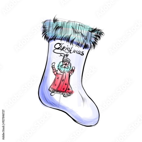 Hand drawn sketch of a Christmas stocking with Santa Claus