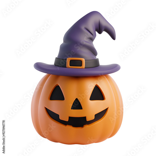 Funny Pumpkin with Witch Hat and Jack-o’-lantern Face in Cute 3D Render for Halloween, Isolated on Transparent Background, PNG